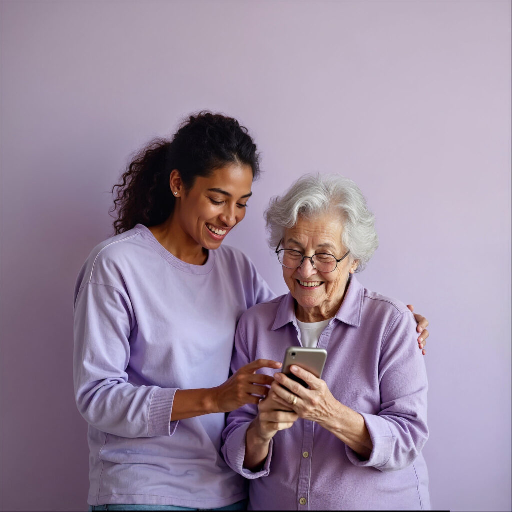 IA para persona mayores. apps gratis para personas mayores. inteligencias artificiales gratis. Anciana aprendiendo a usar un app