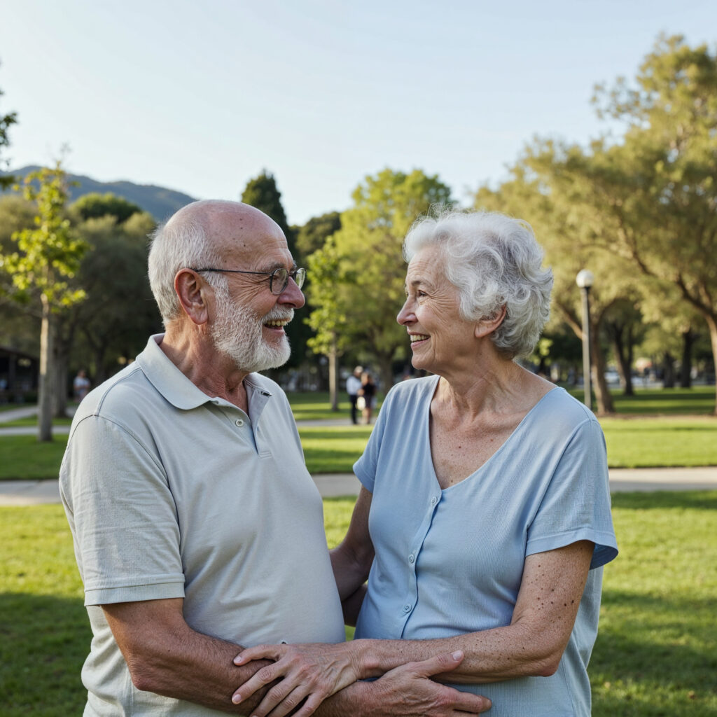 Pareja de personas mayores felices. Salud mental y tecnología para la tercera edad. 
