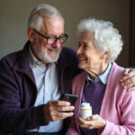 Personas mayores sonrientes con pastillero y móvil en la mano, usando una app para controlar la toma de sus suplementos diarios. app mayor. app adultos mayores. app adulto mayor.