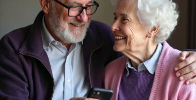 Personas mayores sonrientes con pastillero y móvil en la mano, usando una app para controlar la toma de sus suplementos diarios. app mayor. app adultos mayores. app adulto mayor. Suplementos para personas mayores.