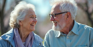 Salud mental y tecnología para la tercera edad. Pareja de ancianos sonriendo.