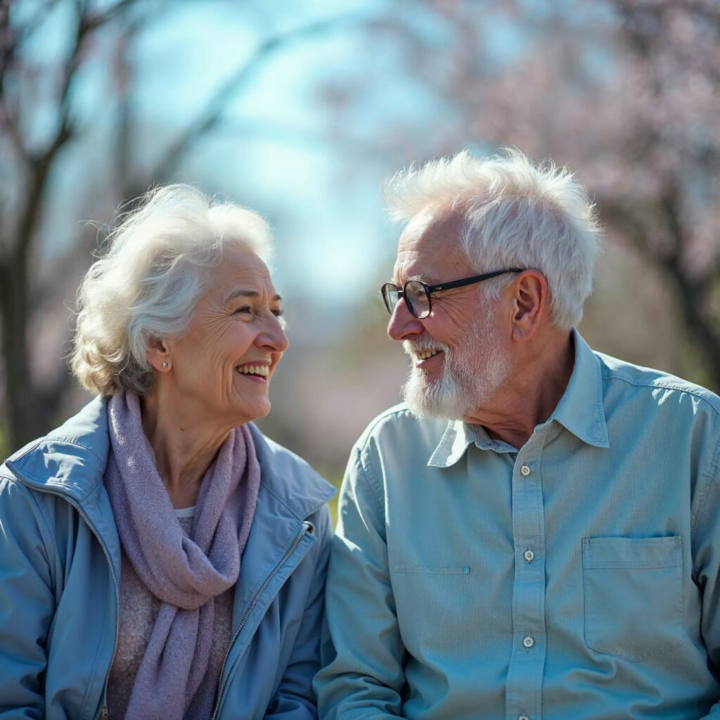 salud mental e inteligencia artificial para personas mayores. Pareja de ancianos sonriendo