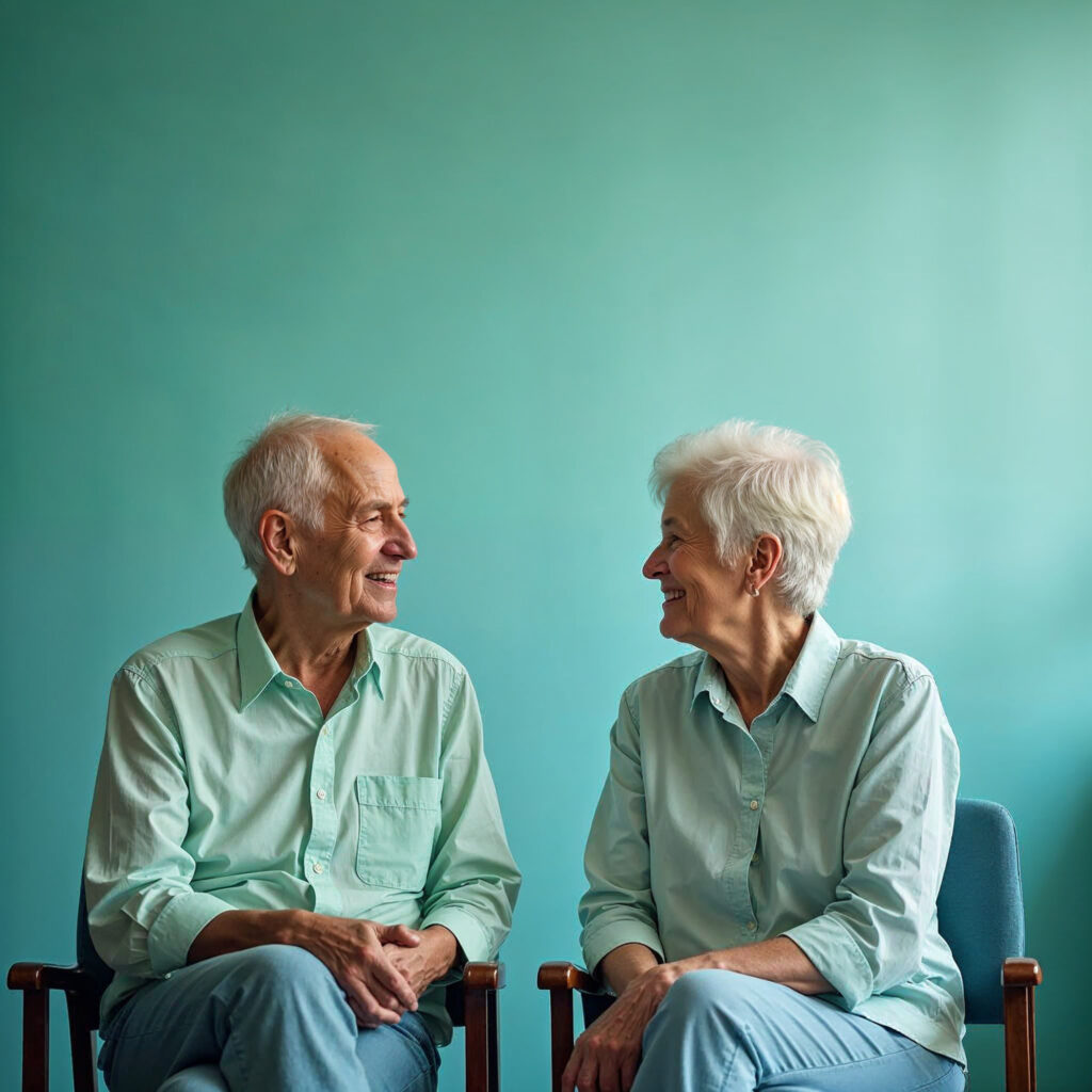 salud mental y tecnología para la tercera edad. Una pareja de personas mayores mirandose.
