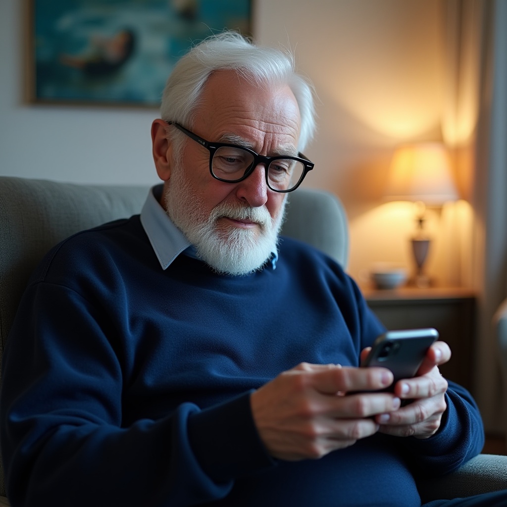 ciberseguridad para la tercera edad. Abuelo sosteniendo un móvil.