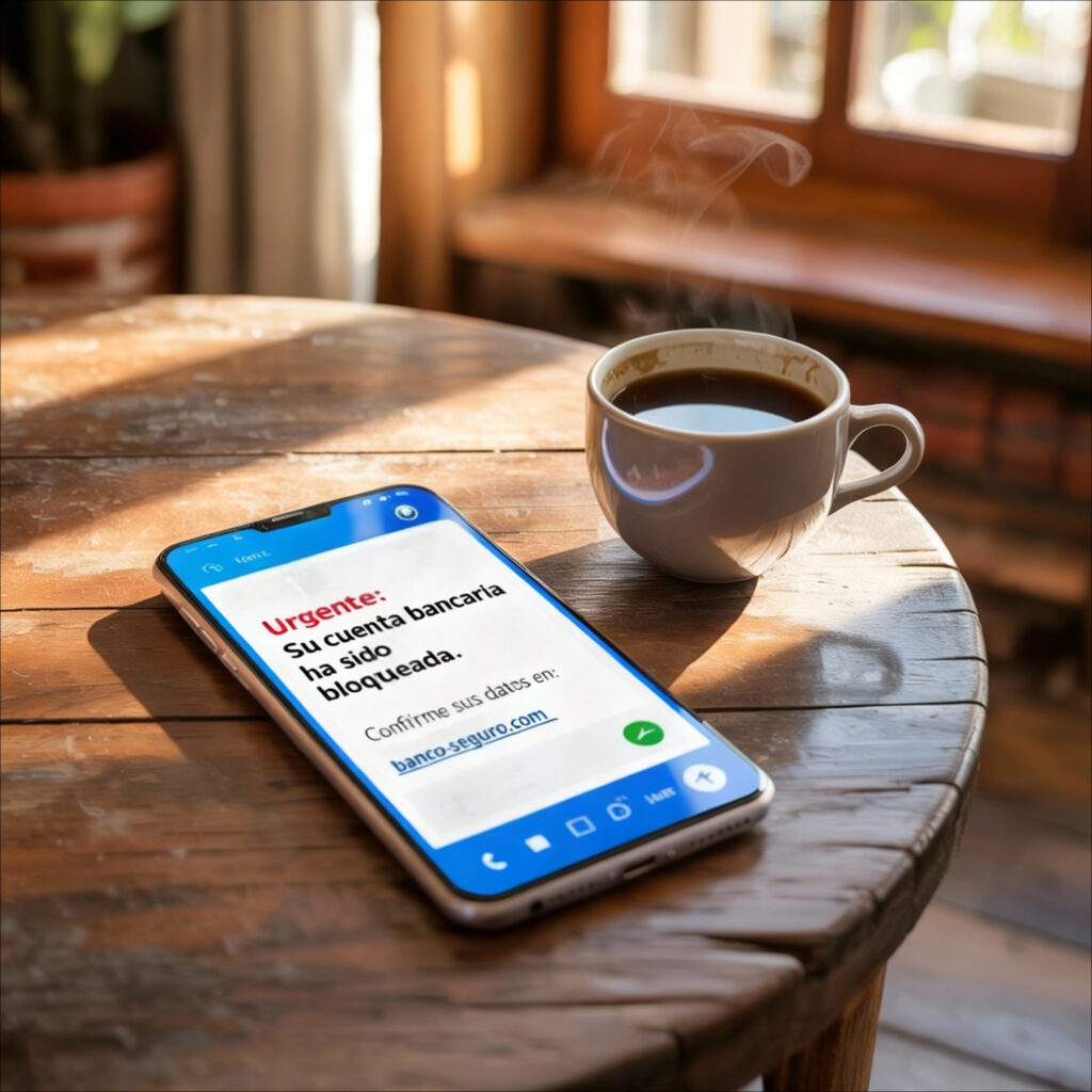 phishing. ciberseguridad. smartphone con mensaje de alerta y link sospechoso